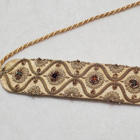 VINTAGE 60s Silk Gold Silver Metal Filigree Embroidered Tassle Tie-Waist Belt - Picture 4 of 11